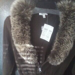 Cache Brown/Bronze zippered sweater w/real fur trim removable collar Med NWT